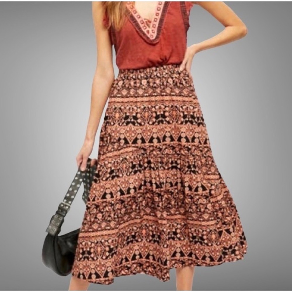 Free People All About The Tiers A-line Skirt Boho Paisley Floral Cotton Skirt L